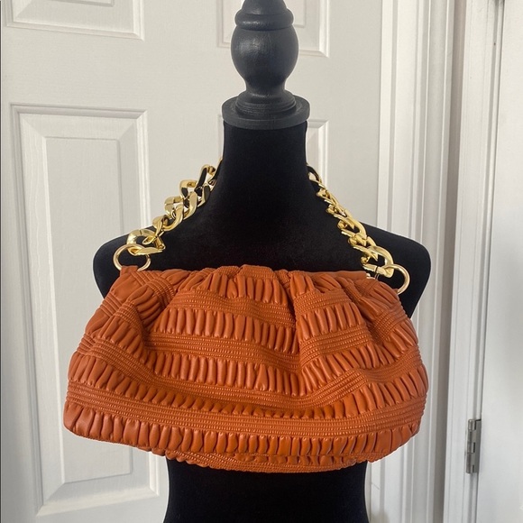 Gaza Gold Chain Orange Textured Shoulder Bag. - Picture 1 of 12